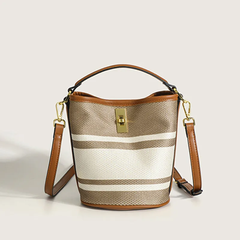 2023 New Fashion Famous Brand Design Women Bucket Handbag Ladies Shoulder Stripe Large Capacity Tote Purse Messenger