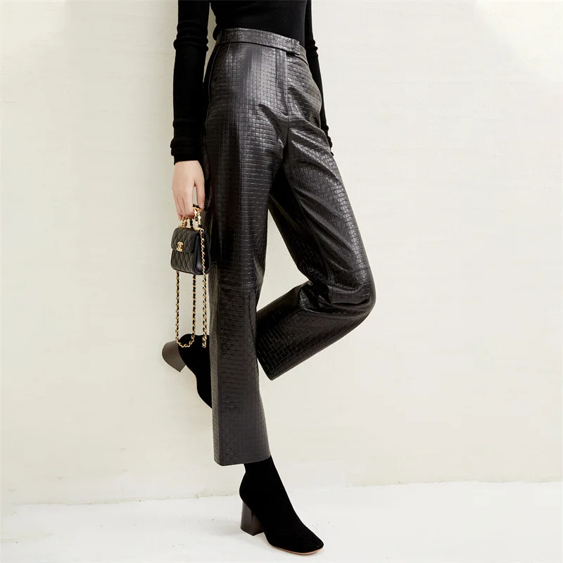 2023 Women New Genuine Sheepskin Leather Pants  Oblique Pocket Embossed Design Real Sheepskin Leather Pants E18