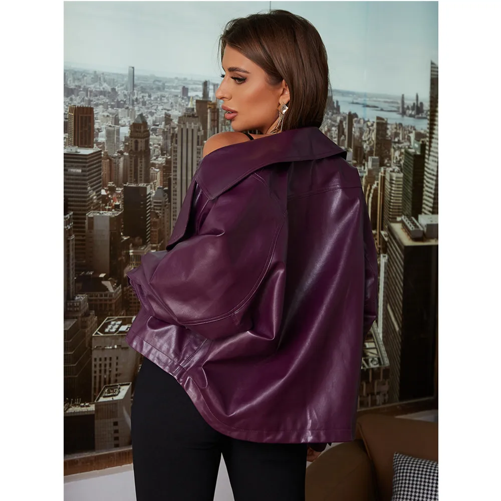 Fashion Autumn and Winter PU Chest Pocket Casual Long Sleeve Leather Women Jacket