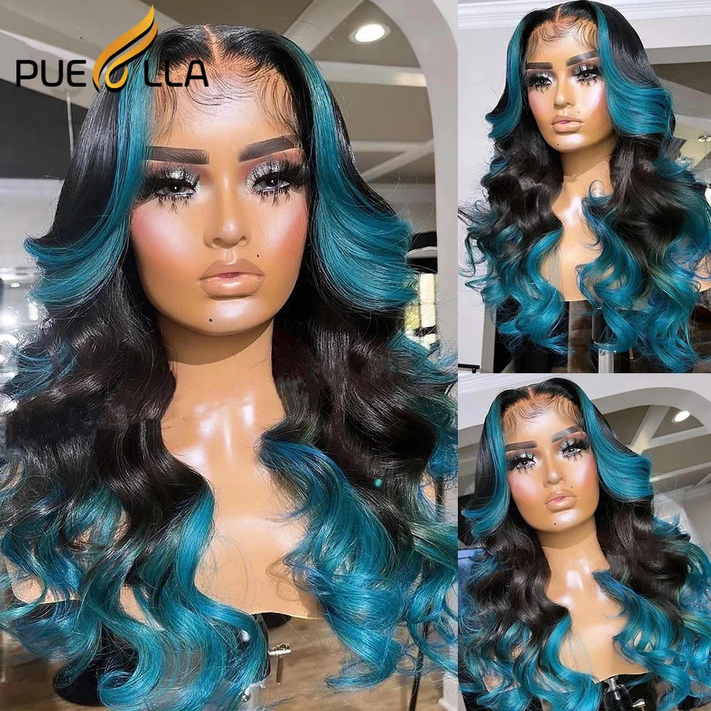 

Blue Highlight Human Hair 13x4 Lace Frontal Human Hair Wigs Brazilian Hair 13x6 HD Transparent Blue Highlight Lace Front Wig