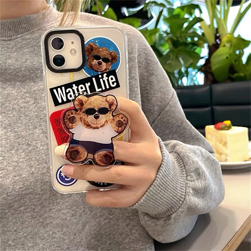

Korean Cute Cartoon Bear Sunglasses Bracket Phone Case For iPhone 11 12 13 Pro XS Max X XR SE 7 8 Plus Soft Silicone Back Cover