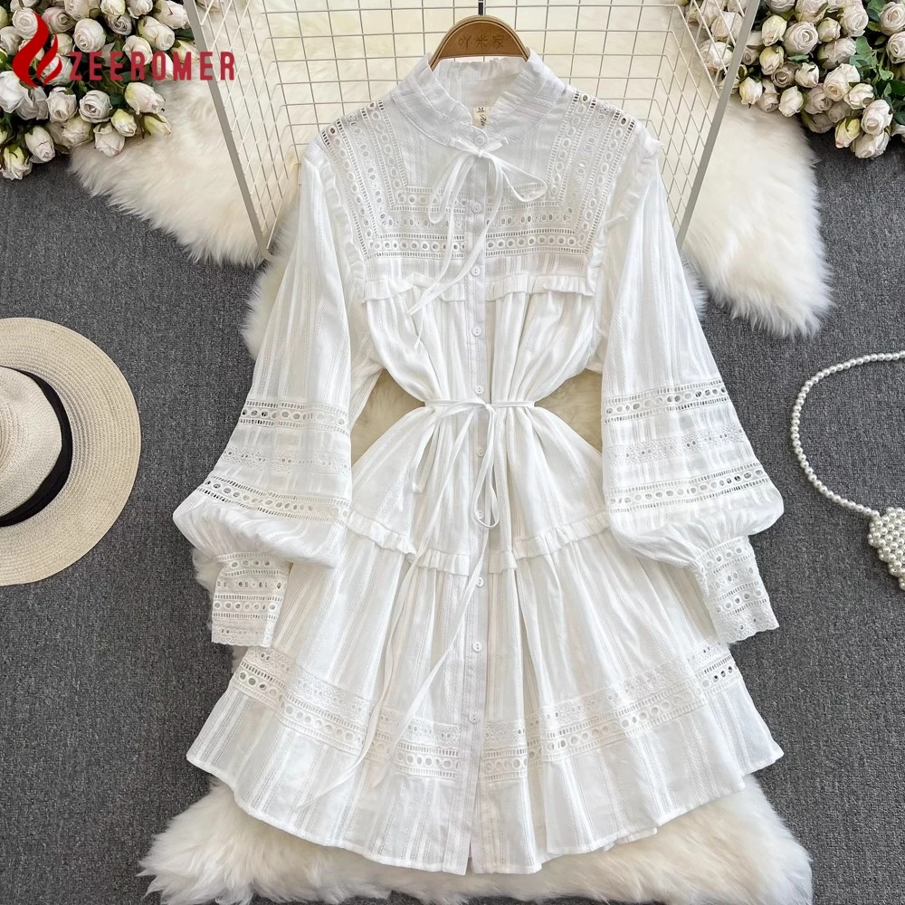 

2024 Spring Vintage Cotton Hollow Out Embroidery Mini Dress Women Lantern Sleeve Single Breasted Bow Lace up Casual Party Dress