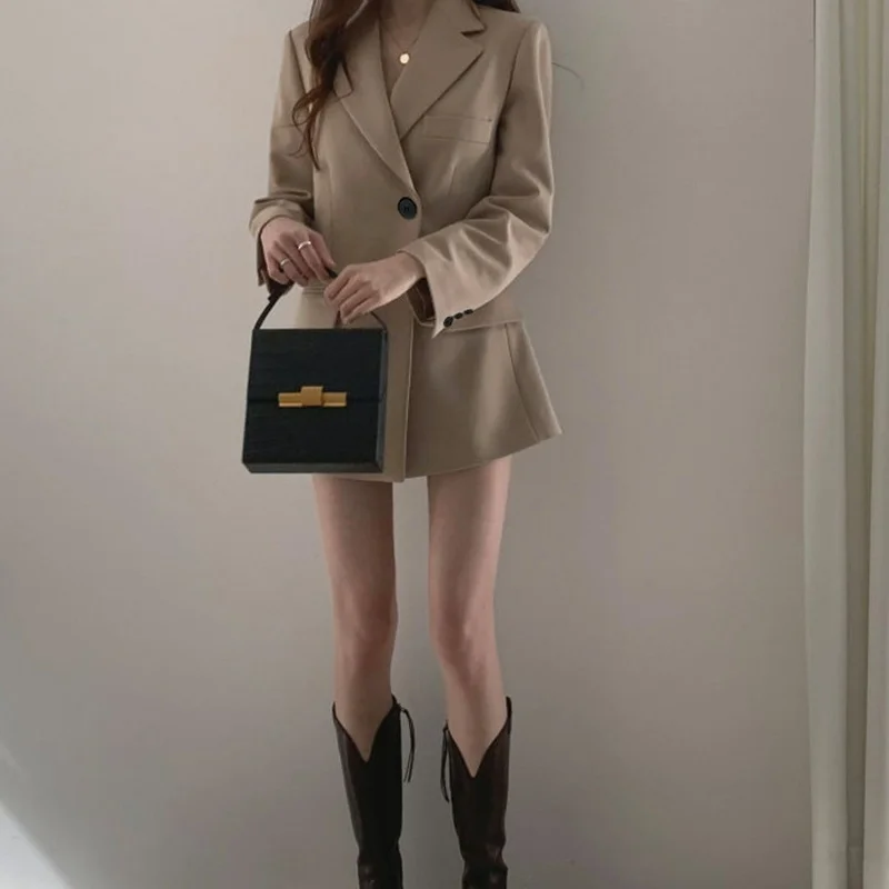 Women Solid Colors Khaki Black Mid Length Chic Blazers Single Button Oversize Suits 2021 Spring Autumn New Work Casual Blazer