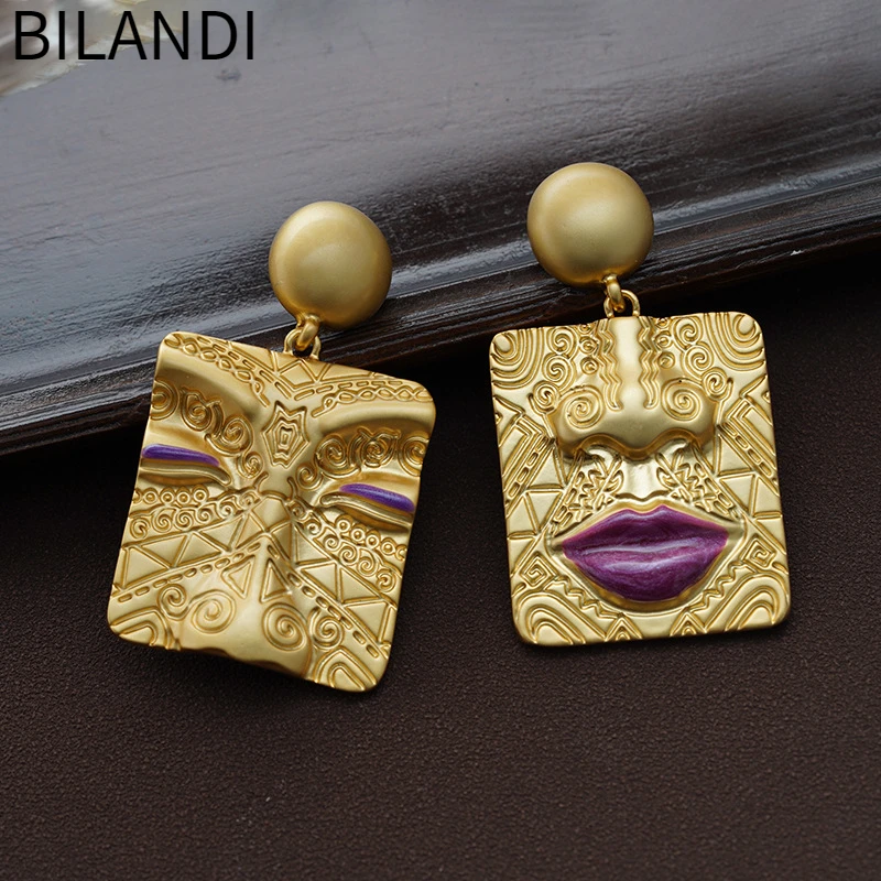 

Bilandi Fashion Jewelry Metallic Portrait Asymmetrical Earrings For Women Female Gift 925 Silver Needle Ear Wearing