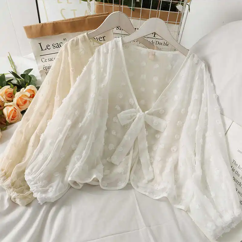

2022 Fashion Women Summer Thin Air Conditioning Shirts Female V-neck Bow Sunscreen Blouse Ladies Long Sleeve Cardigan Shirts Q50