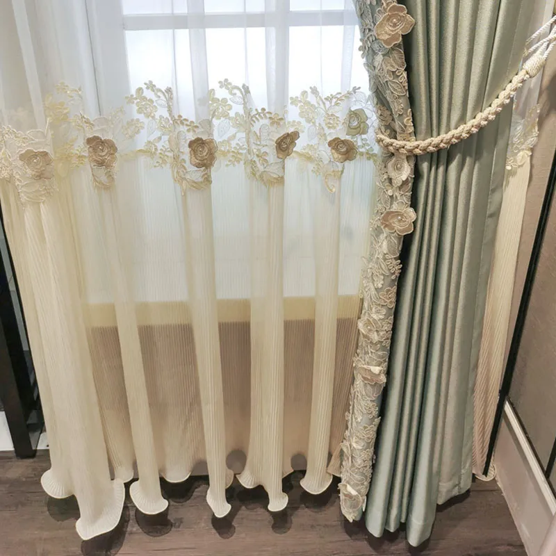 

French Princess Style 3D Relief Flower Skirt Tulle Curtain American Imitation Satin Window Drapes For Living Room Bedroom Custom