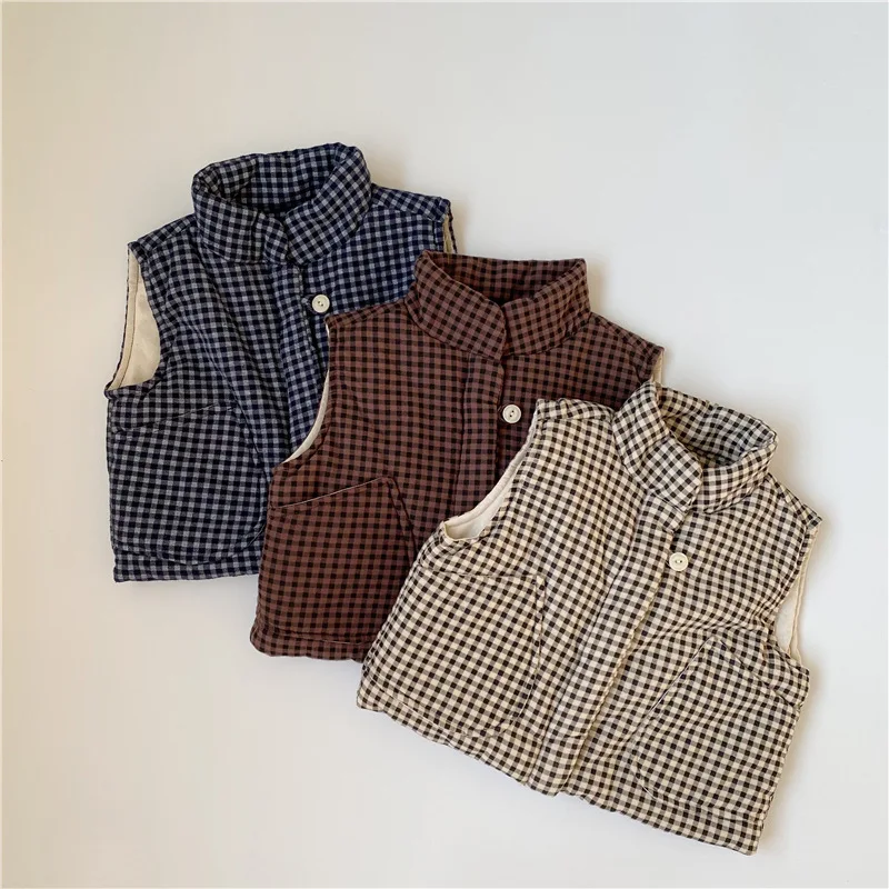 

2022 Winter Kids Fashion Big Pocket Vest Boy All-match Plaid Cotton Sleeveless Coat Baby Girl Clothes Children New Outwear