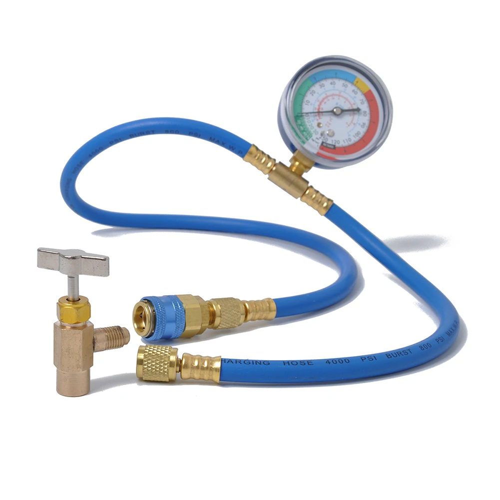 

Car R134a Air Conditioning Refrigerant Recharge Hose Kit with Tap Valve Pressure Gauge Quick Release Connector A/C Repair Tool