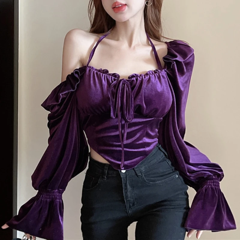 

Korean Fashion Velvet Blouse Woman Solid Color Square Collar Flare Sleeve Blouses Halter Back Elastic Ladies Tops Dropshipping