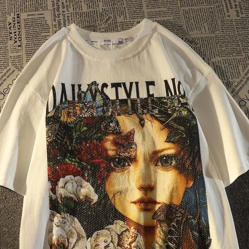 

2022 Street Brand Vintage Flower Girl Oil Painting T Shirts Woman Tshirts Cotton Black White Y2K Tops Summer Large 2XL Harajuku