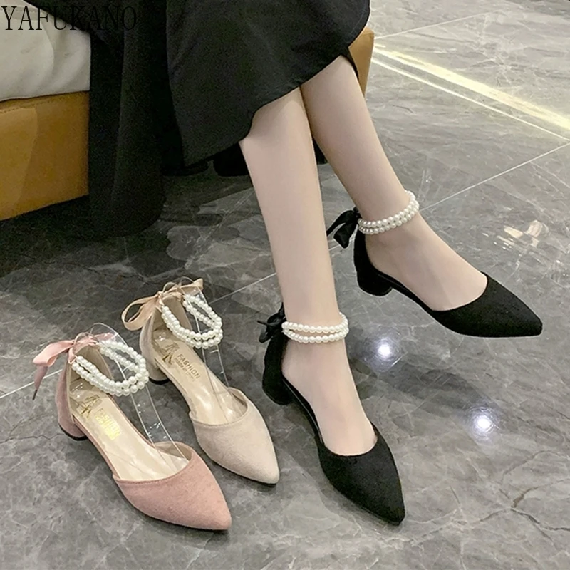 

4CM Mid Heel Suede Pointed Toe Women Pumps Fashion Versatile Chunky Heels Shoes Elegant Pearl Chain Ankle Strap Party Prom Shoes