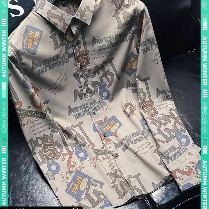 Autumn khaki printed shirt men's fashion slim handsome senior long sleeve shirt