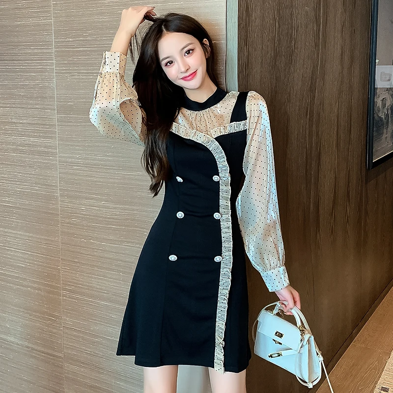 

Women Casual Dress Spring 2022 Polka Dot Patchwork Long Sleeve Double Breasted Lantern Sleeve O-Neck Dresses Dropshipping