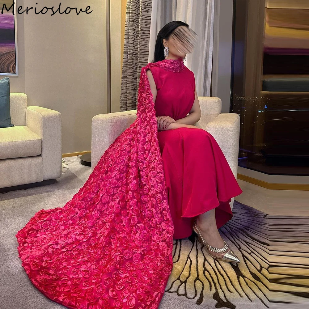 

Merioslove Elegant 3D Flowers Mermaid Prom Dresses Pleat Ruched Saudi Arabic Evening Gown Formal Party Dress 2024