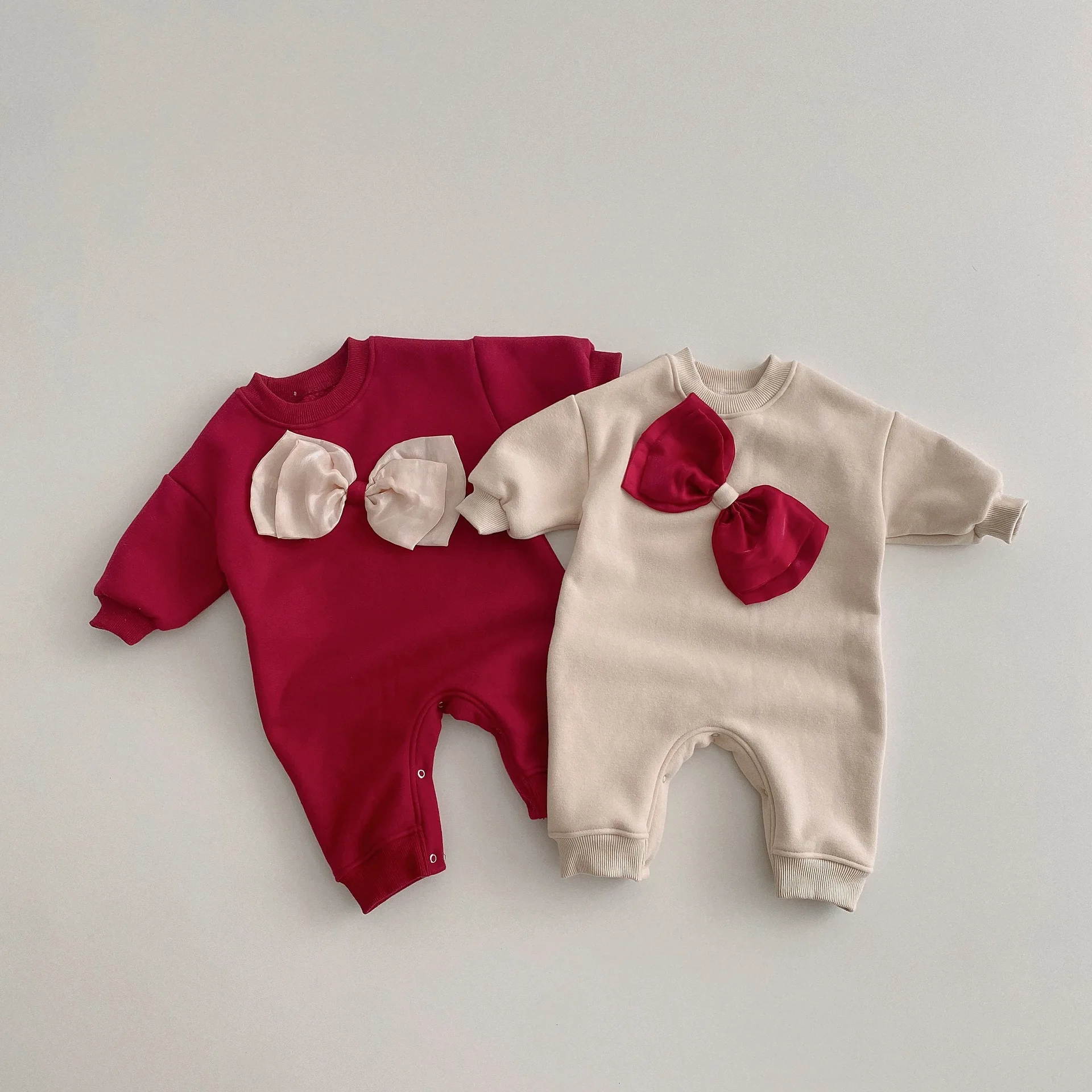 

2022 Autumn Winter New Toddler Girl Baby Big Bow Thicken Princess Romper Infant Plus Fleece Cotton Jumpsuit Kid Solid One-piece