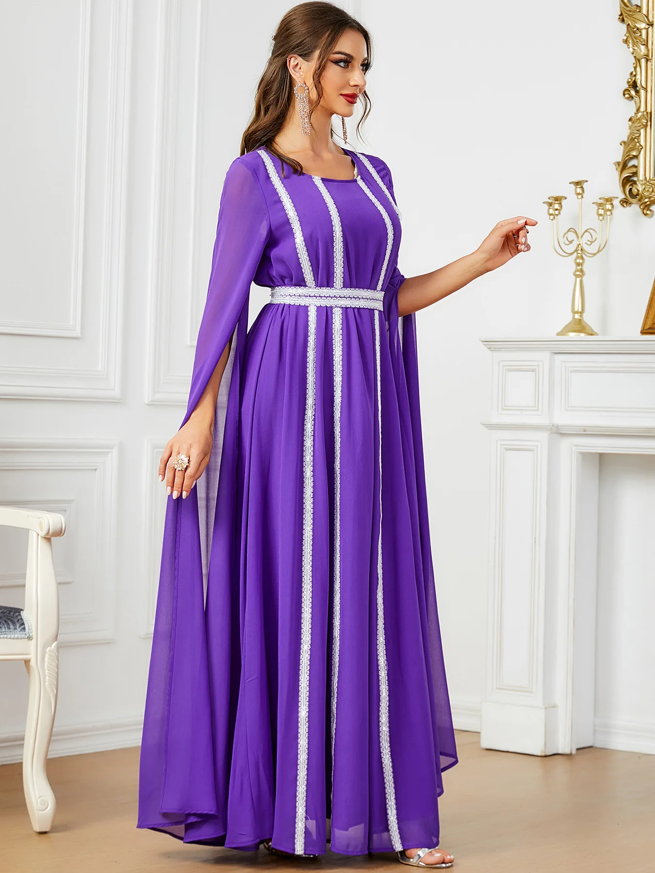 Модное шикарное однотонное шифоновое вечернее платье с длинным рукавом и