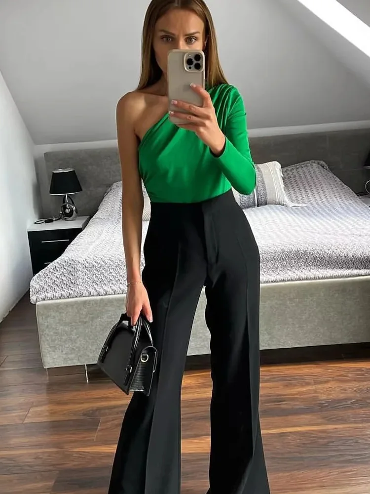 

TRAF Sexy Green Women Jumpsuit 2022 Y2k Summer Off Shoulder One Shoulder Bodysuit Ruched Female Short Jumpsuits Women Streetwear