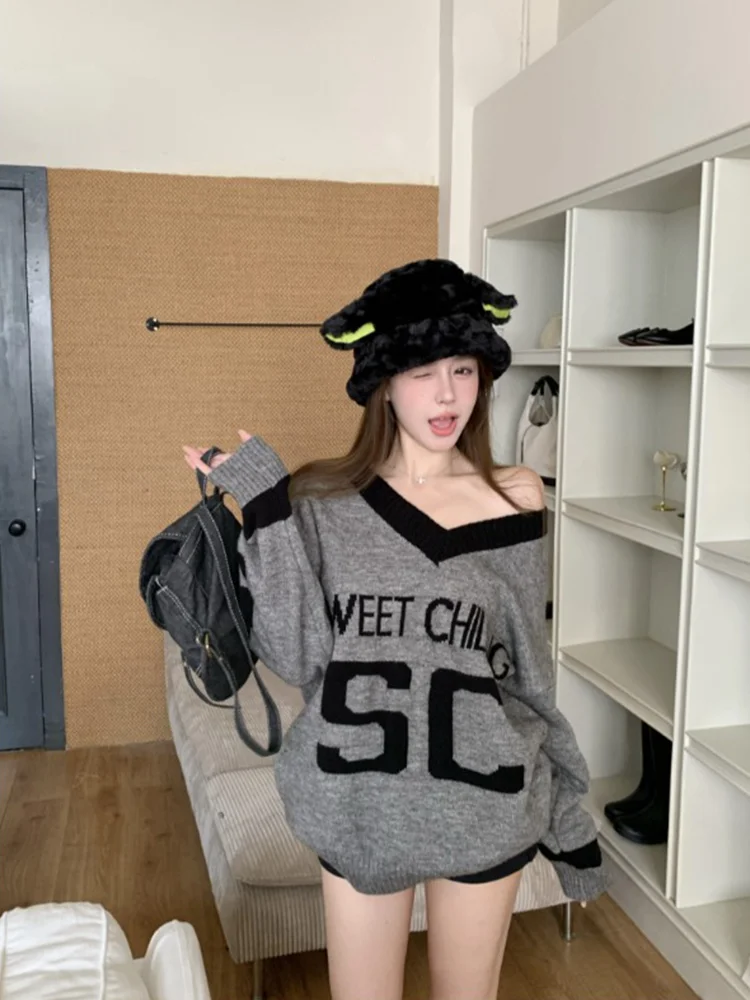 Qiake Girl ~ свитер контрастного цвета с вышивкой букв женский осенний шикарный