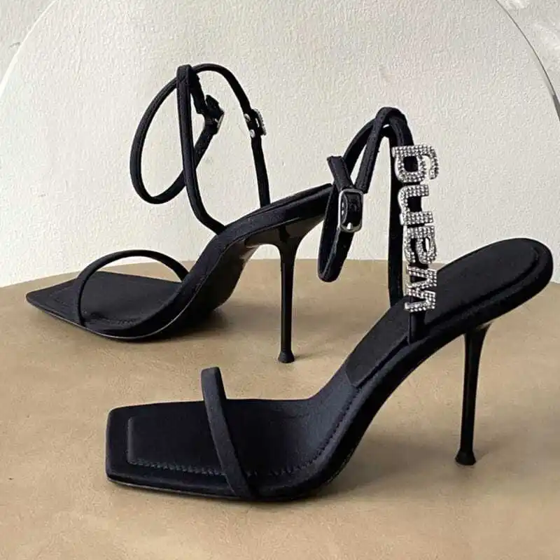 

Aw King Black Ankle-Strap Buckle Sandals New Summer Rhinestone Letters Square Toe High Heels Women's Shoes Stiletto Heel 7.5cm