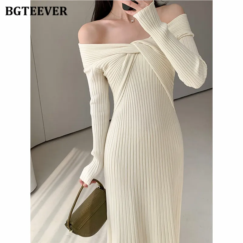 

Платье BGTEEVER женское трикотажное с воротником-лодочкой, элегантное облегающее платье-свитер с длинным рукавом, Осень-зима