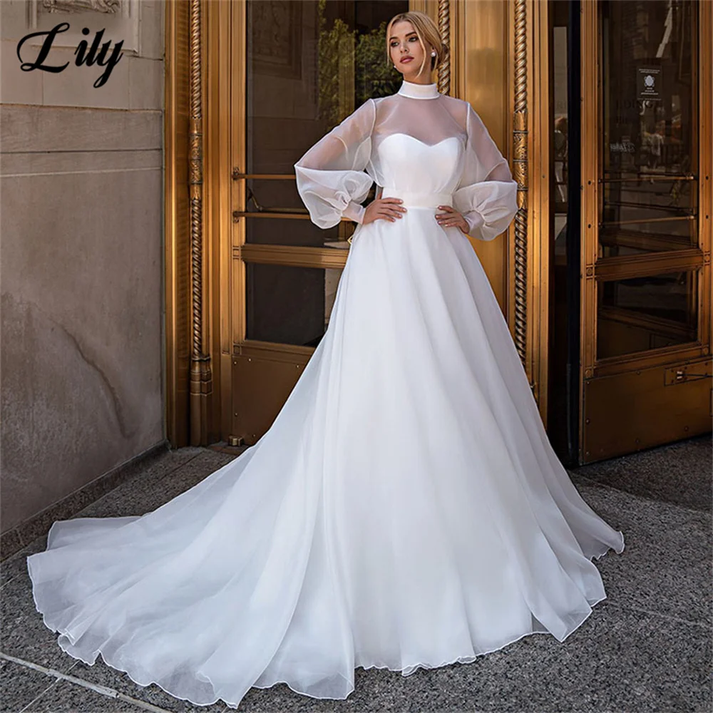 

A-Line Boho Wedding Dresses Sweetheart Bow Ribbons High Neck Princess Bridal Gowns With Long Lantern Sleeves Custom Bride Dress