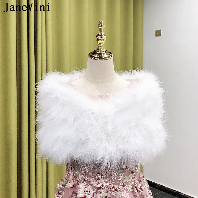 

JaneVini Winter White Fur Cape Evening Shawl for Women Real Ostrich Feathers Bride Wraps Wedding Bridal Bolero Femme Shrug Stole