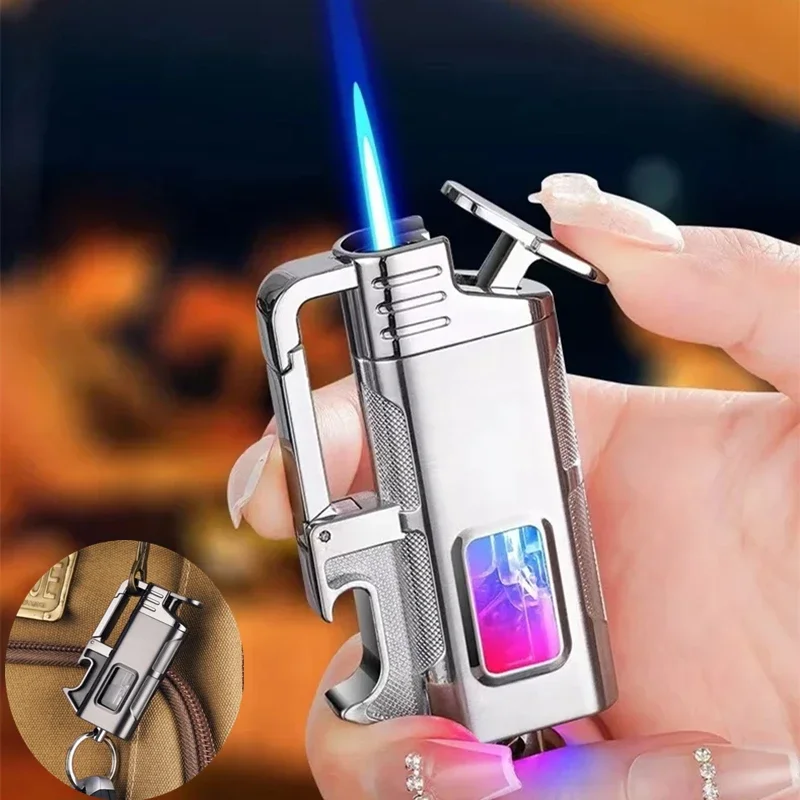 Металлическая многофункциональная ветрозащитная газовая зажигалка с голубым