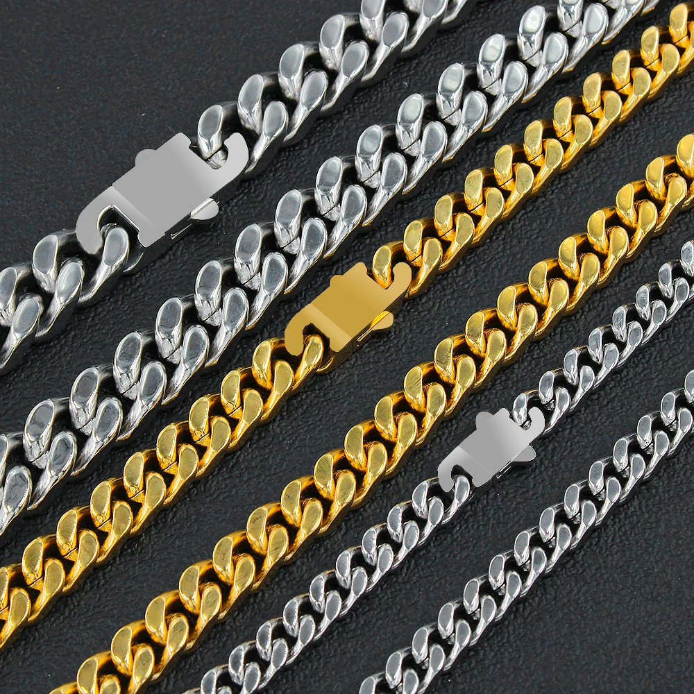 

5mm/7mm/9mm/13mm Necklace Men Stainless Steel Cuban Chain Punk Hip Hop Thick Link Chain Smooth Gold Color Jewelry Clasp YS149
