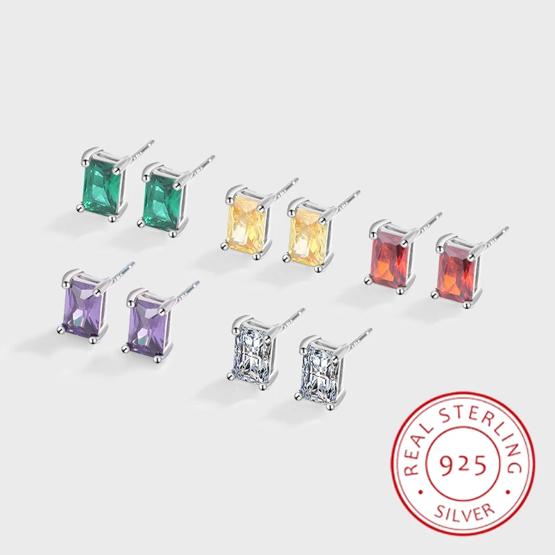 

New Classic Ruby Emerald Amethyst Topaz Rectangular Lady's Stud Earrings S925 Original Genuine Sterling Silver Jewelry Gift