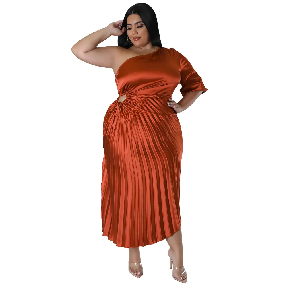 Plus Size Women Clothing Elegant Chic Women Dresses Party Dresses Solid Slim Fit Mid-Calf Office Lady Evening Dresses Pleated
