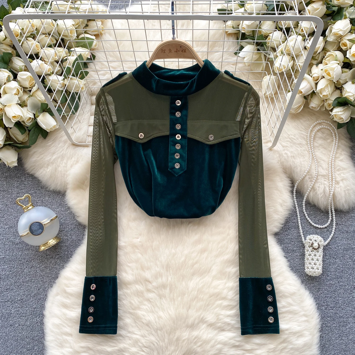 

Женский шикарный сетчатый лоскутный бархатный укороченный Топ с длинным рукавом облегающая пикантная Корейская Футболка модная Осенняя женская рубашка