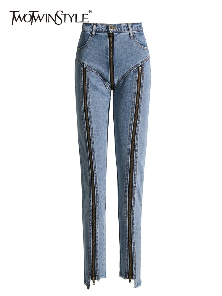 

TWOTWINSTYLE Streetwear Jeans For Women High Waist Patchwork Zipper Loose Casual Trousers Female Autumn Fashion Clothing 2022