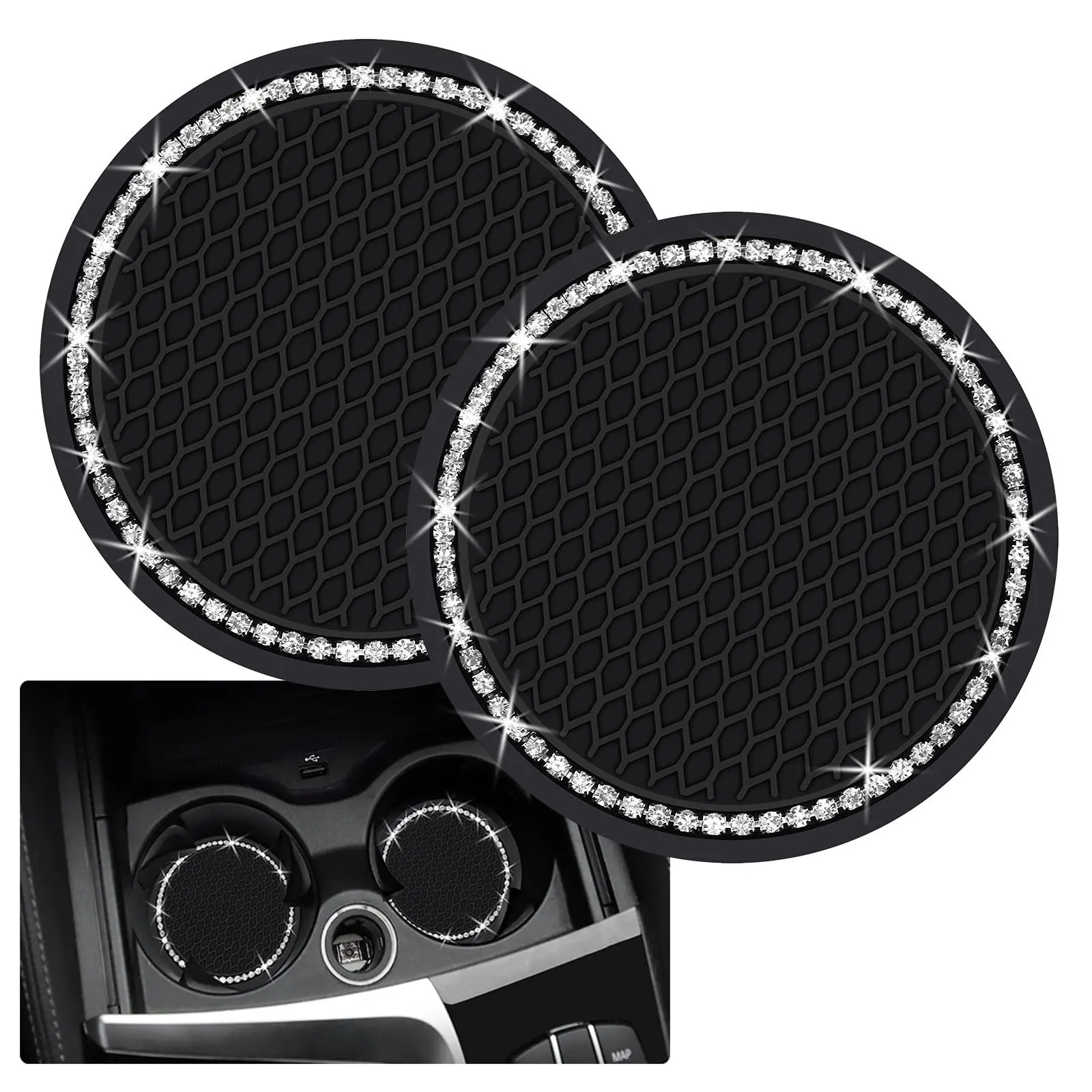 

2pcs Non-slip Car Water Cup Pad Diamond Rhinestone Rubber Mat for Bottle Holder Coaster Auto Interior Anti-skid Cup Holders 7cm