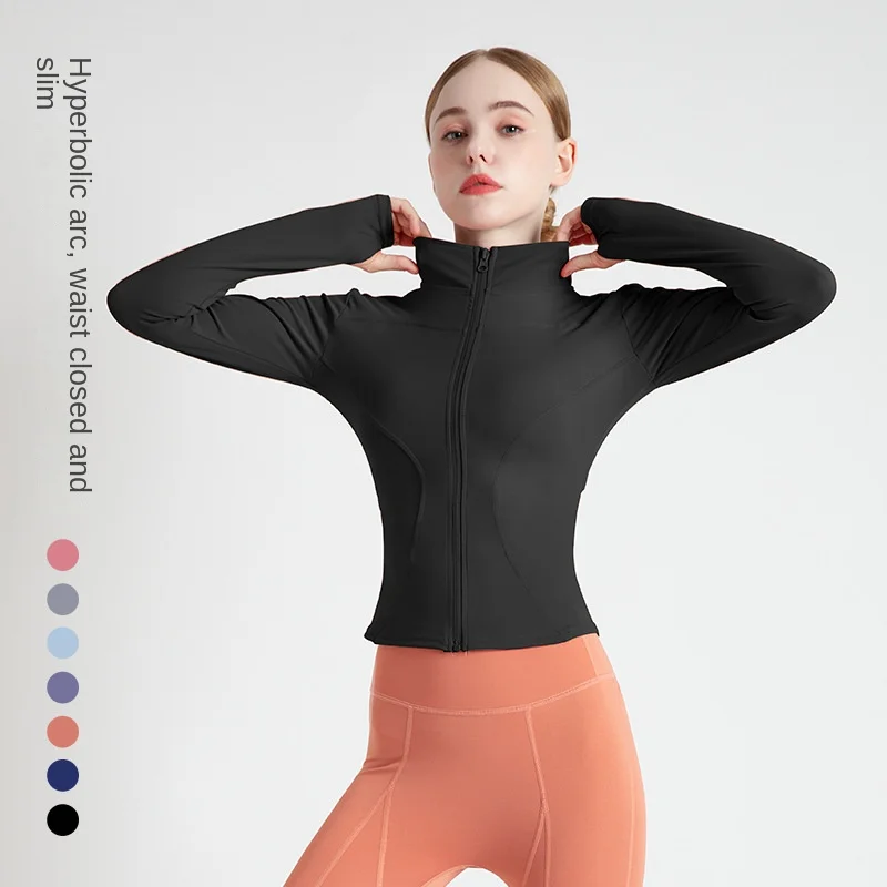 

High Speed Dried Sports Coat Women's Training Sports Standing Neck Slim Fit Yoga Top Soft Thumb Hole Tight Fitting Fitness Suit