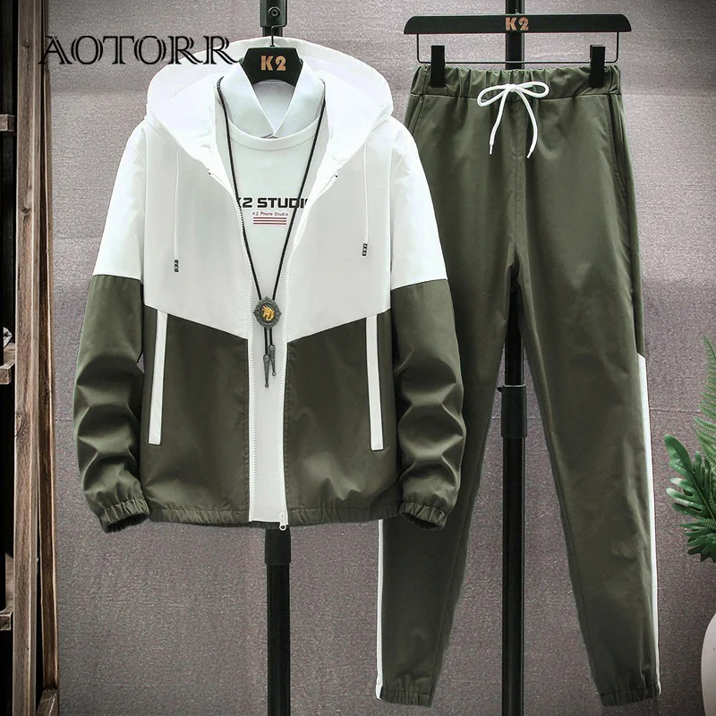 

Casual Men's Tracksuit Sportswear Spring Autumn Patchwork Hoodies Set Men Zipper Pocket Jackets+Pants Two Piece Sets Male New