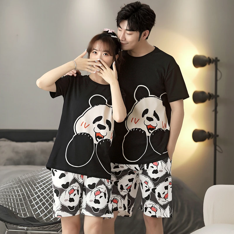 5XL Cartoon Panda Couple Pajamas Sets Women Pijama Cotton Korean Men Sleepwear Short Sleeve Lovers Night-Clothes 2PCS Nightwear
