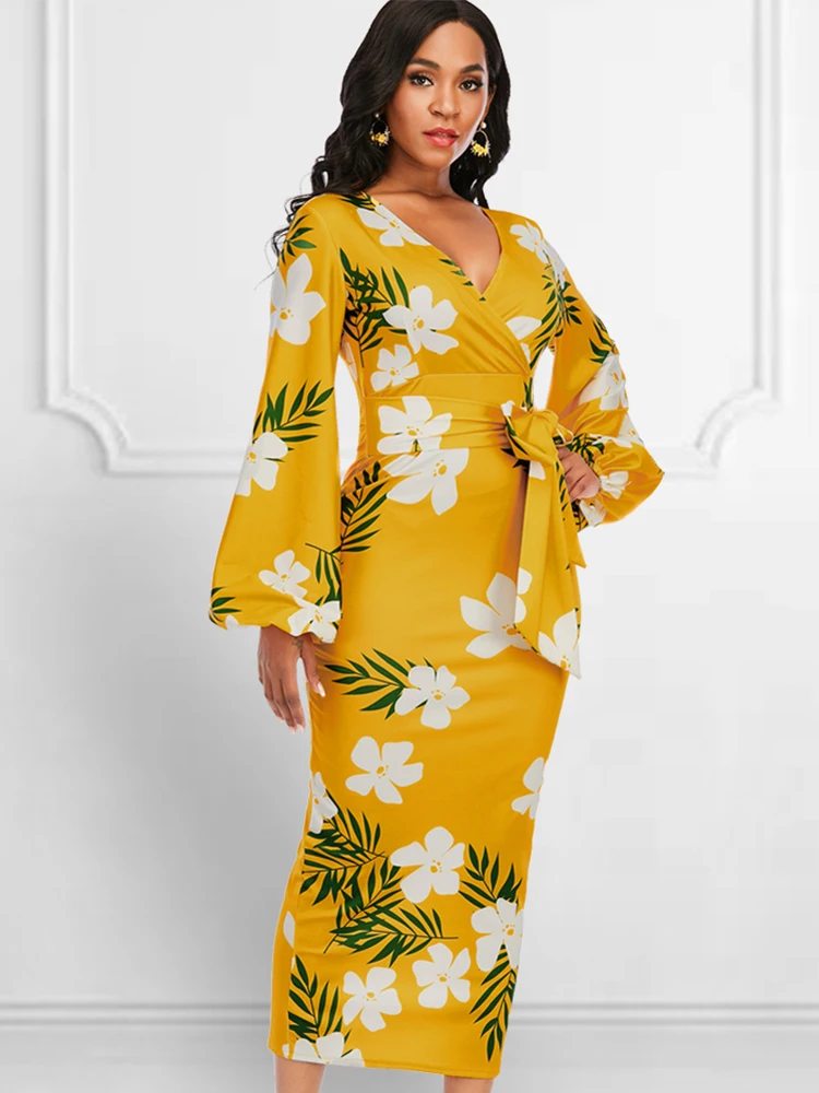 

Long Sleeve V Neck Floral Print Midi Dress Women Big Size Slim Fit Waist Belt Party Date Night Dresses Vintage Fashion Clothing