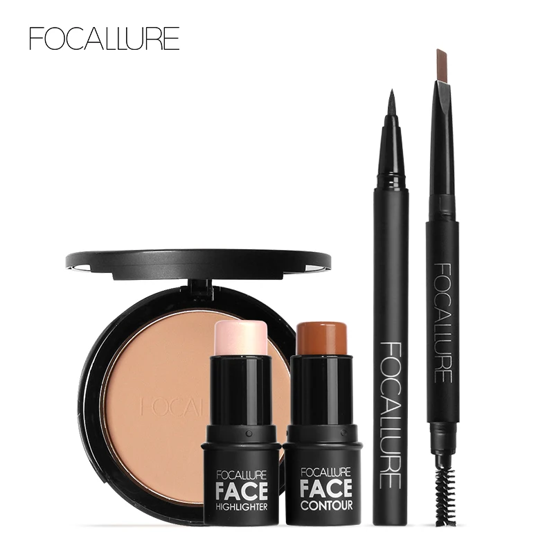 

FOCALLURE 5 Pcs/Set Face Makeup Kit Include Pressed Powder Black Eyeliner Eyebrow Pencil Highlighter Sticker Cosmetic