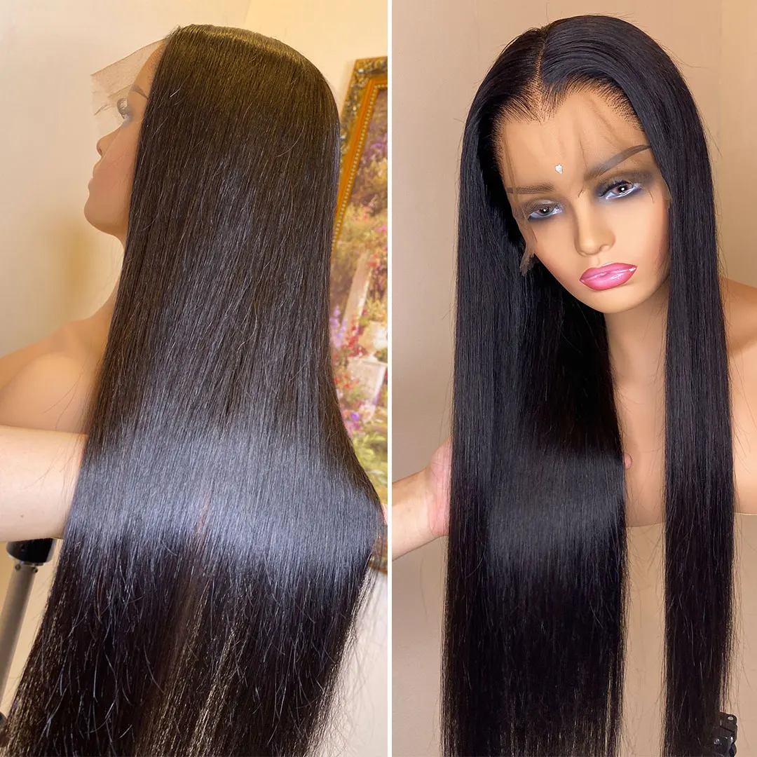 

Glueless 26 inch Long Free Part Synthetic Straight Lace Front 4x4 Silk Base Wig for Women Babyhair Black Natural Looking Daily