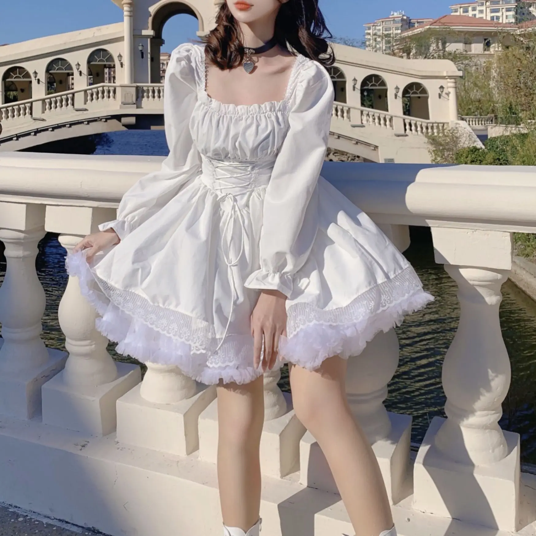 

Coolfel Vintage Bandage Lolita Dress Women Gothic Puff Sleeve Lace Fairy Dress Elegant High Waist Party Mini Dresses