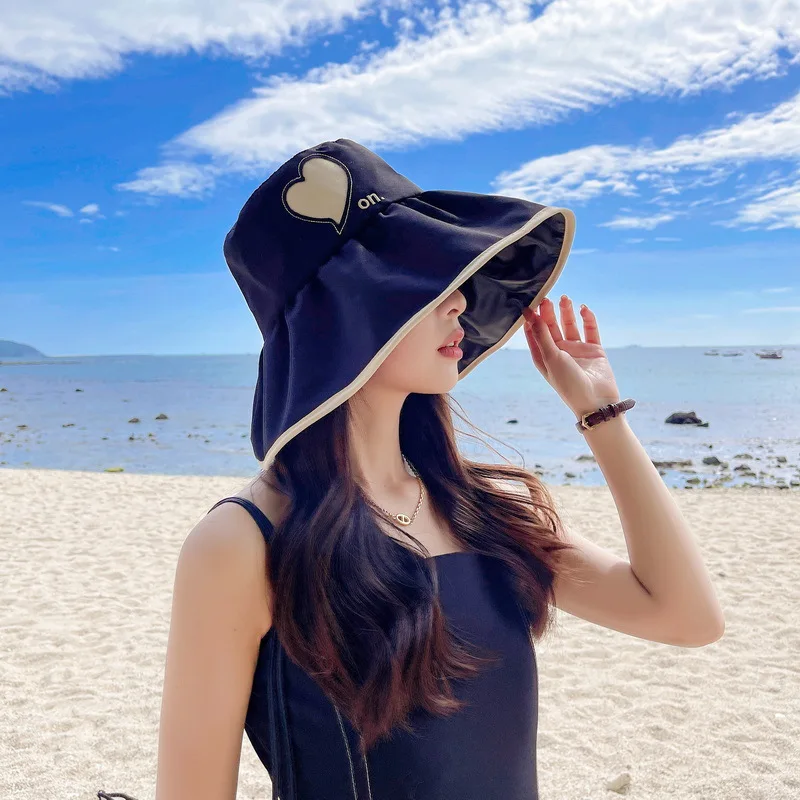 

New Fashion Korean Love Black Glue Fisherman Hat Women's Summer Large Edge Sunscreen Hat Foldable Sun Hat