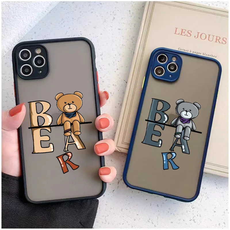 

Cute Cartoon Bear Shockproof Armor Matte Case For iPhone 13 12 11 14Pro Max XR XS X 7 8 Plus SE Mini Luxury Silicone Clear Cover