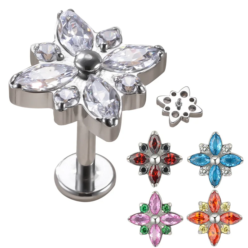 

G23 Titanium 4 Marquise Stone and 4 CZ Top Paved Top PIERC Labret Lip Stud Ear Cartilage Helix Piercing Ear Studs Body Jewelry