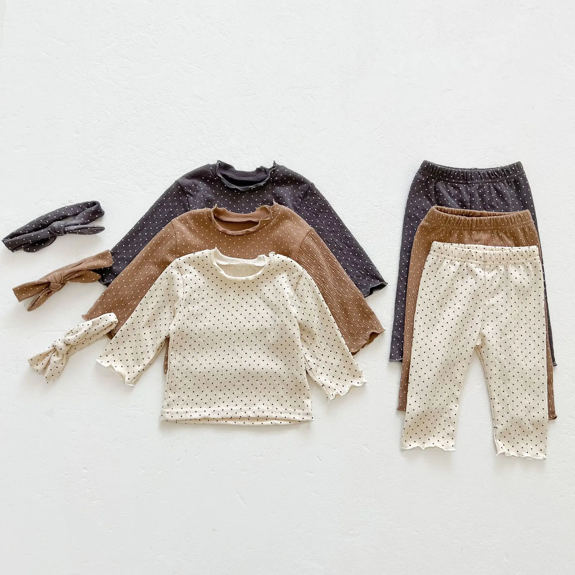 

New Fashion Baby Girl Polka Dot Clothes Set Cotton And Linen Toddler Baby Pajamas Outfits Boys Tops + Pants + Headband 3pcs Suit