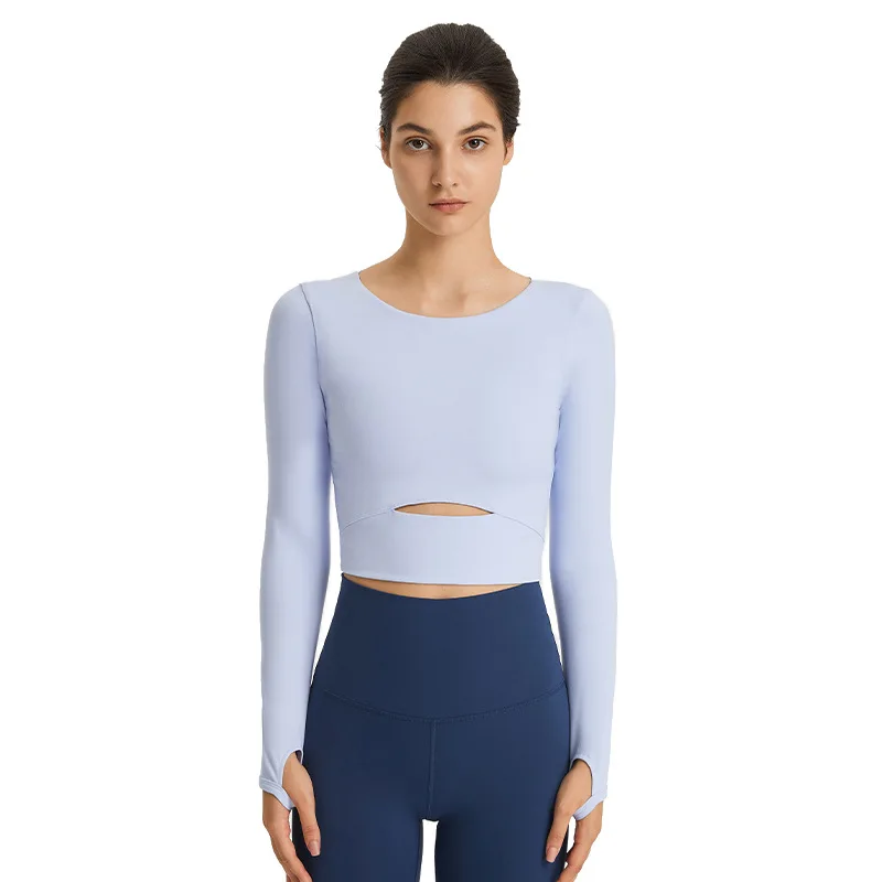 

Women Long Sleeve CUTOUT Padded Yoga Crop Top Sports Flowing Tee Light weight Fitness Shirts O Neck Plus SizeTunic Top