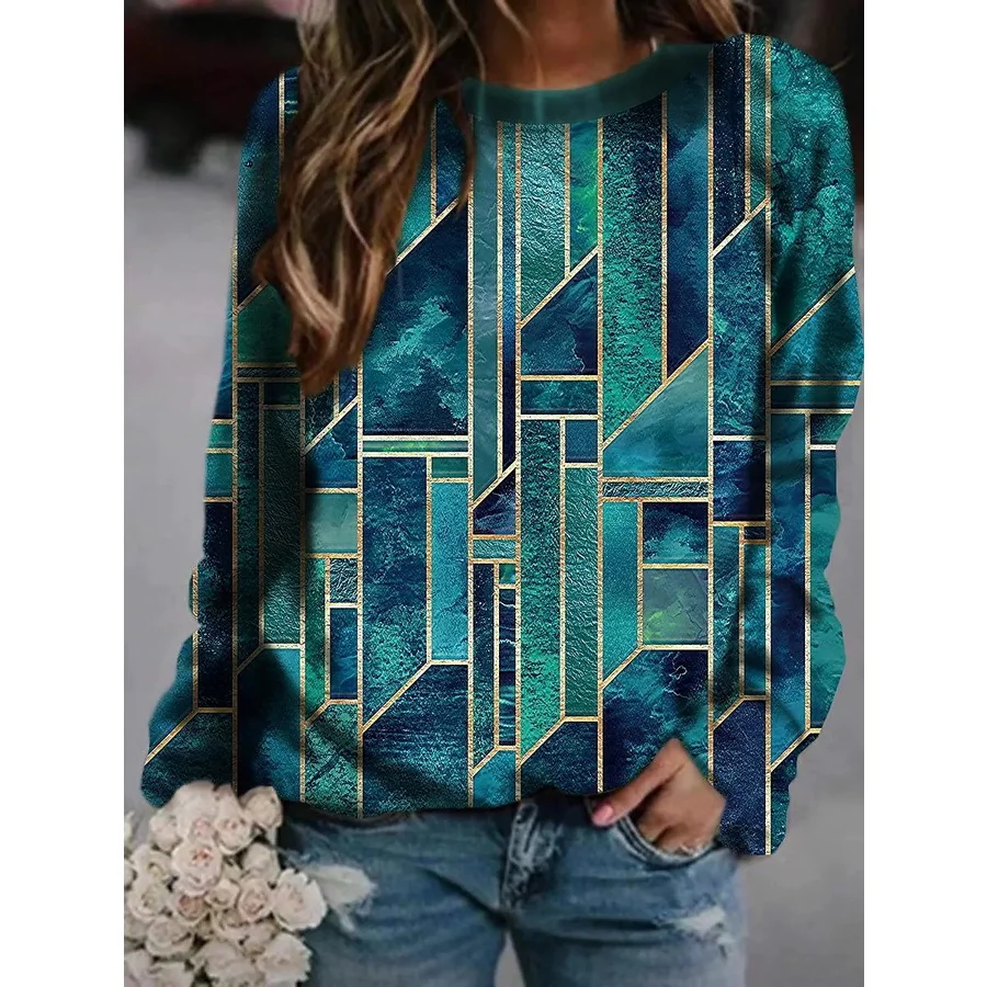 

[New In] Women's Geometric Painting long sleeves T shirt Geometric Print Round Neck Basic Tops