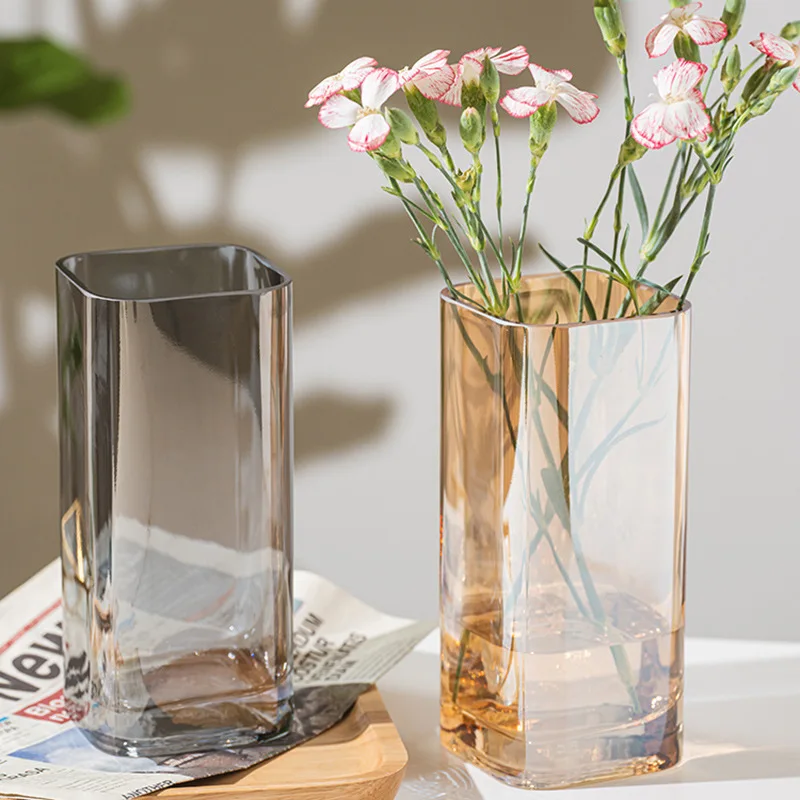 

European Style Light Luxury Glass Vase Transparent Square Mouth Creative Hydroponic Plant Flower Vase Decoration
