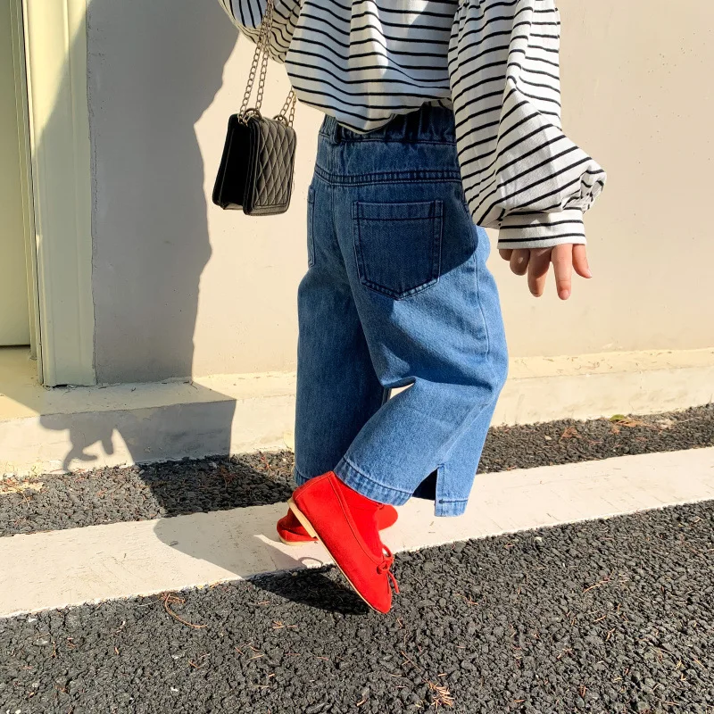 

Girls Spring fashion split jeans loose all-match straight denim pants 1-7Y