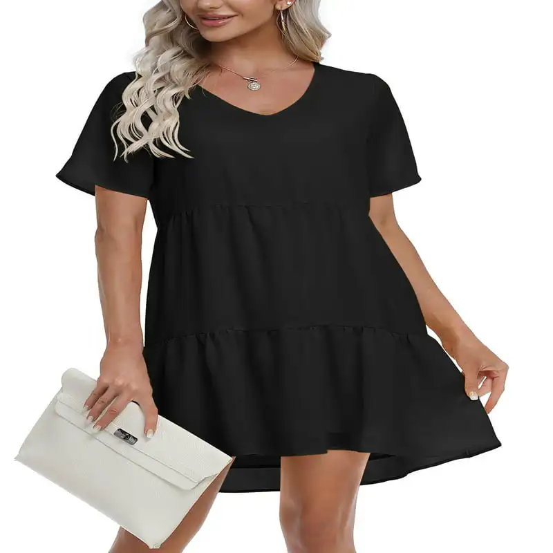 

Summer Tunic Dress V Neck Casual Loose Flowy Swing Shift Dresses, XL Black