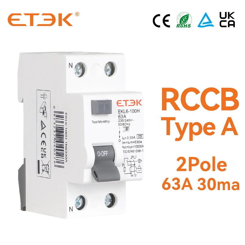 

ETEK EKL6 30ma RCD RCCB 2 Pole Type A 10KA 1P+N 2P 63A DC 230V Electromechanic Residual Current Circuit Breaker Leakage Curren